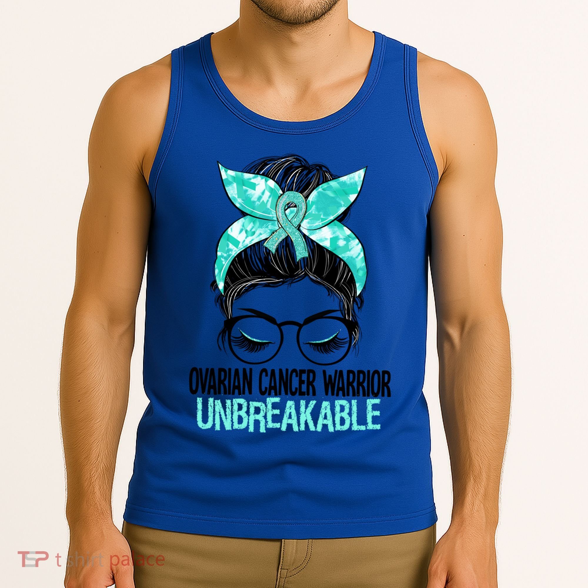 Messy Bun Teal Ribbon Ovarian Cancer Warrior Unbreakable Funny Gift Tank Top