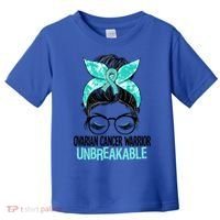 Messy Bun Teal Ribbon Ovarian Cancer Warrior Unbreakable Funny Gift Toddler T-Shirt thumb 0