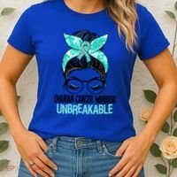 Messy Bun Teal Ribbon Ovarian Cancer Warrior Unbreakable Funny Gift Women's T-Shirt thumb 2