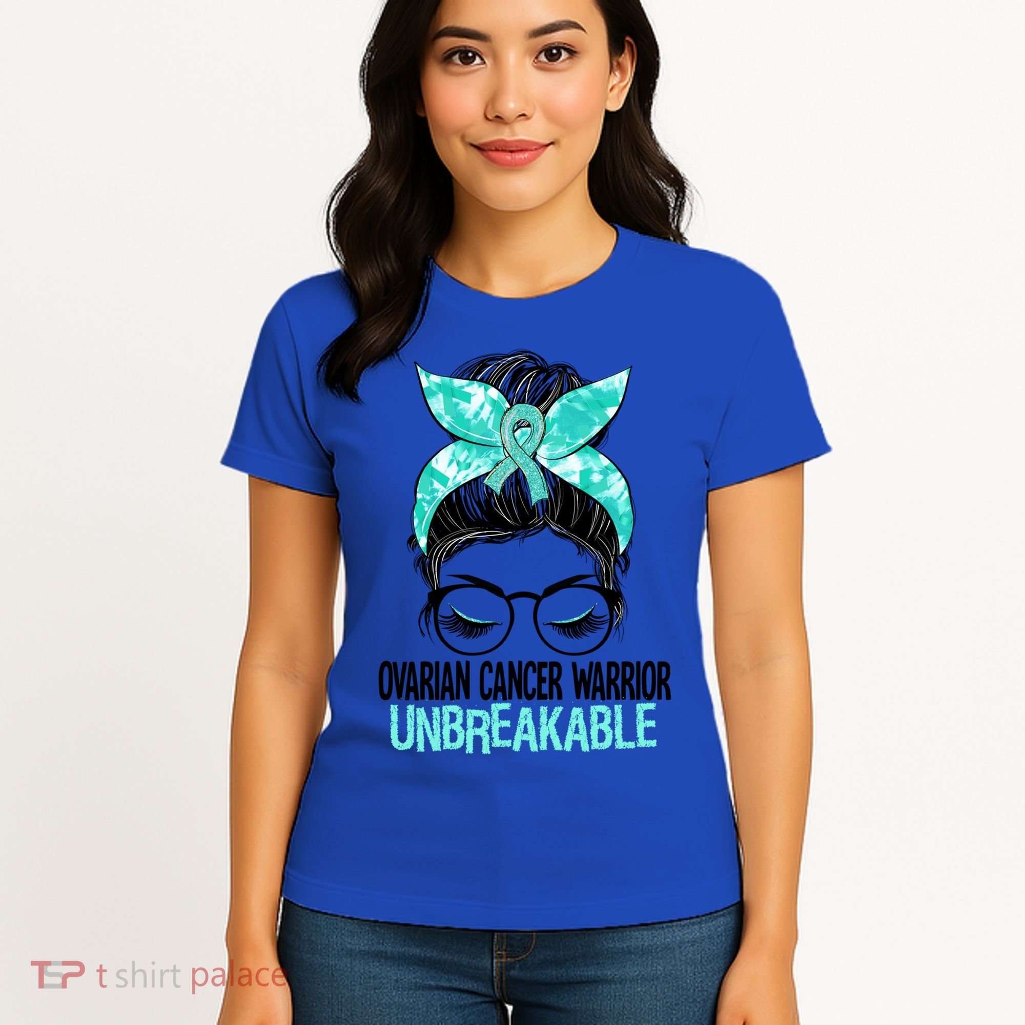 Messy Bun Teal Ribbon Ovarian Cancer Warrior Unbreakable Funny Gift Women's T-Shirt