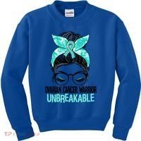 Messy Bun Teal Ribbon Ovarian Cancer Warrior Unbreakable Funny Gift Kids Sweatshirt thumb 0