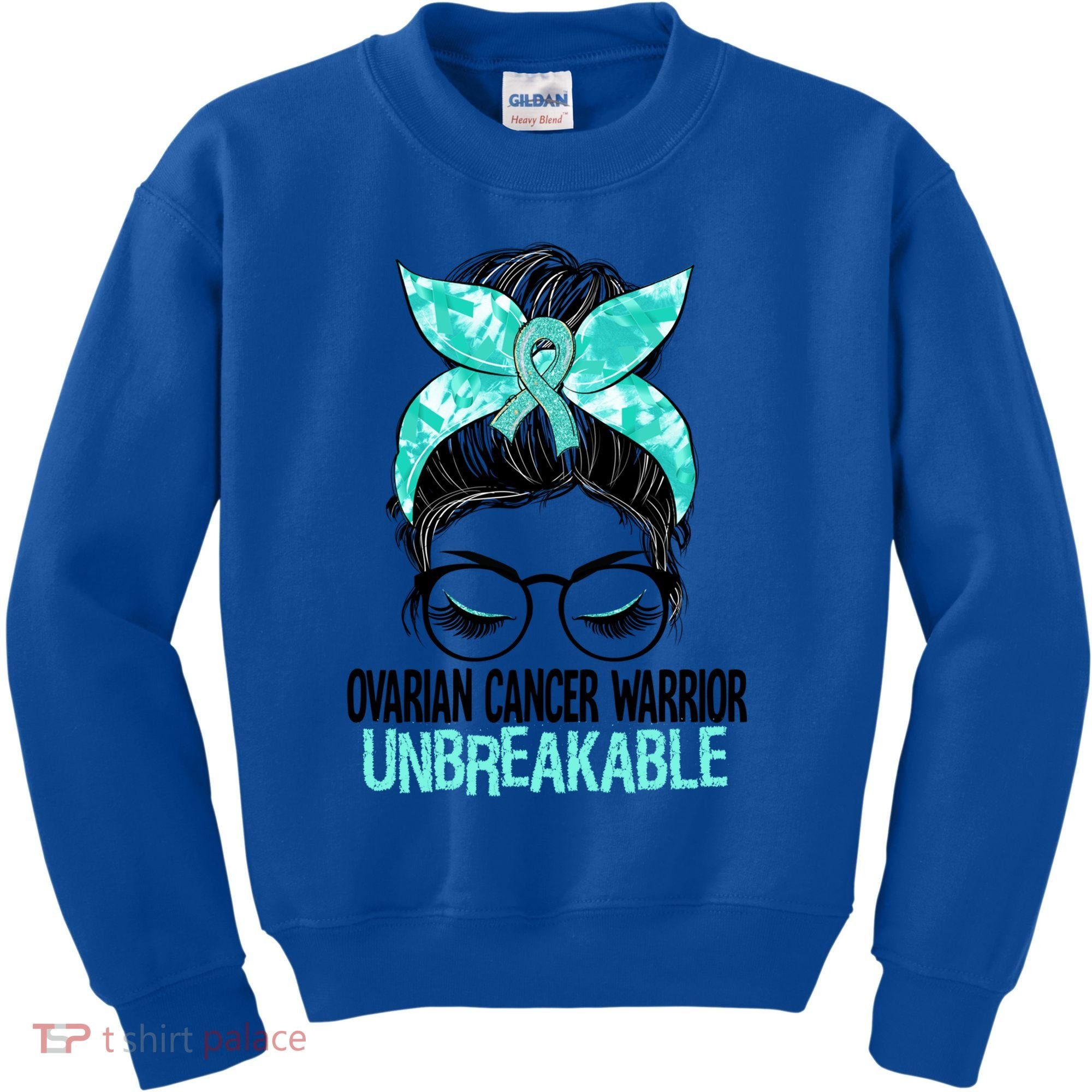 Messy Bun Teal Ribbon Ovarian Cancer Warrior Unbreakable Funny Gift Kids Sweatshirt