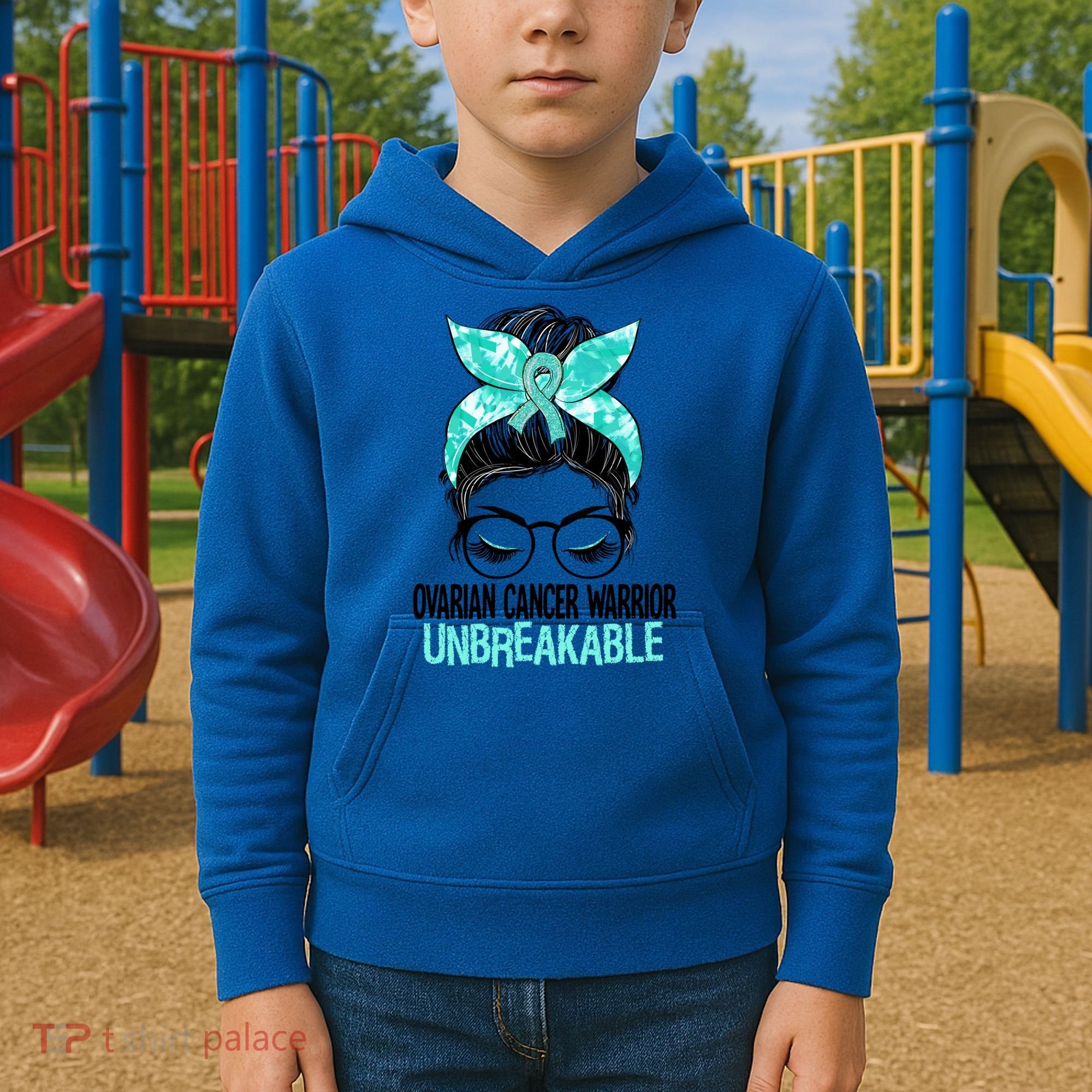 Messy Bun Teal Ribbon Ovarian Cancer Warrior Unbreakable Funny Gift Kids Hoodie