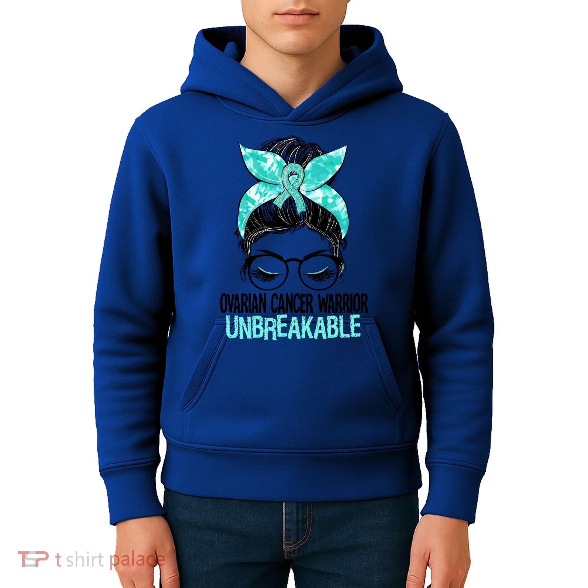 Messy Bun Teal Ribbon Ovarian Cancer Warrior Unbreakable Funny Gift Kids Hoodie