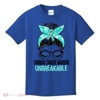 Messy Bun Teal Ribbon Ovarian Cancer Warrior Unbreakable Funny Gift Kids T-Shirt thumb 0