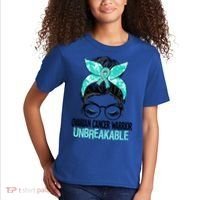 Messy Bun Teal Ribbon Ovarian Cancer Warrior Unbreakable Funny Gift Kids T-Shirt thumb 2