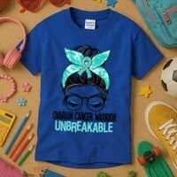 Messy Bun Teal Ribbon Ovarian Cancer Warrior Unbreakable Funny Gift Kids T-Shirt thumb 3