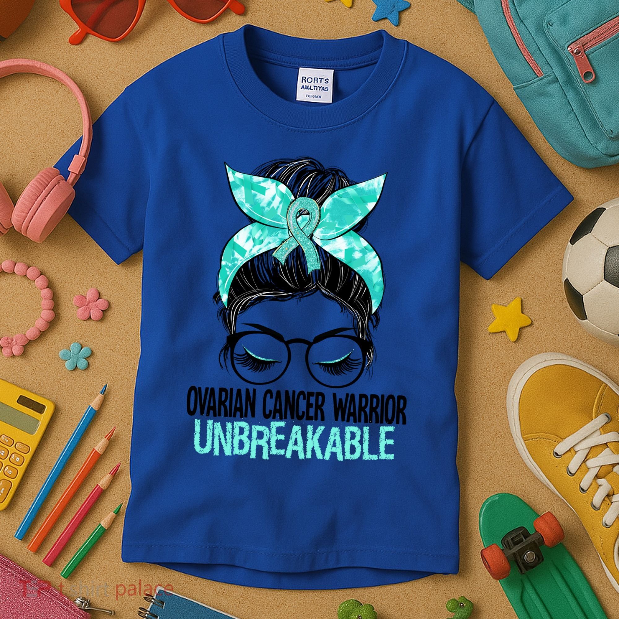Messy Bun Teal Ribbon Ovarian Cancer Warrior Unbreakable Funny Gift Kids T-Shirt