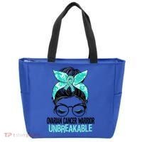 Messy Bun Teal Ribbon Ovarian Cancer Warrior Unbreakable Funny Gift Tote Bag thumb 0