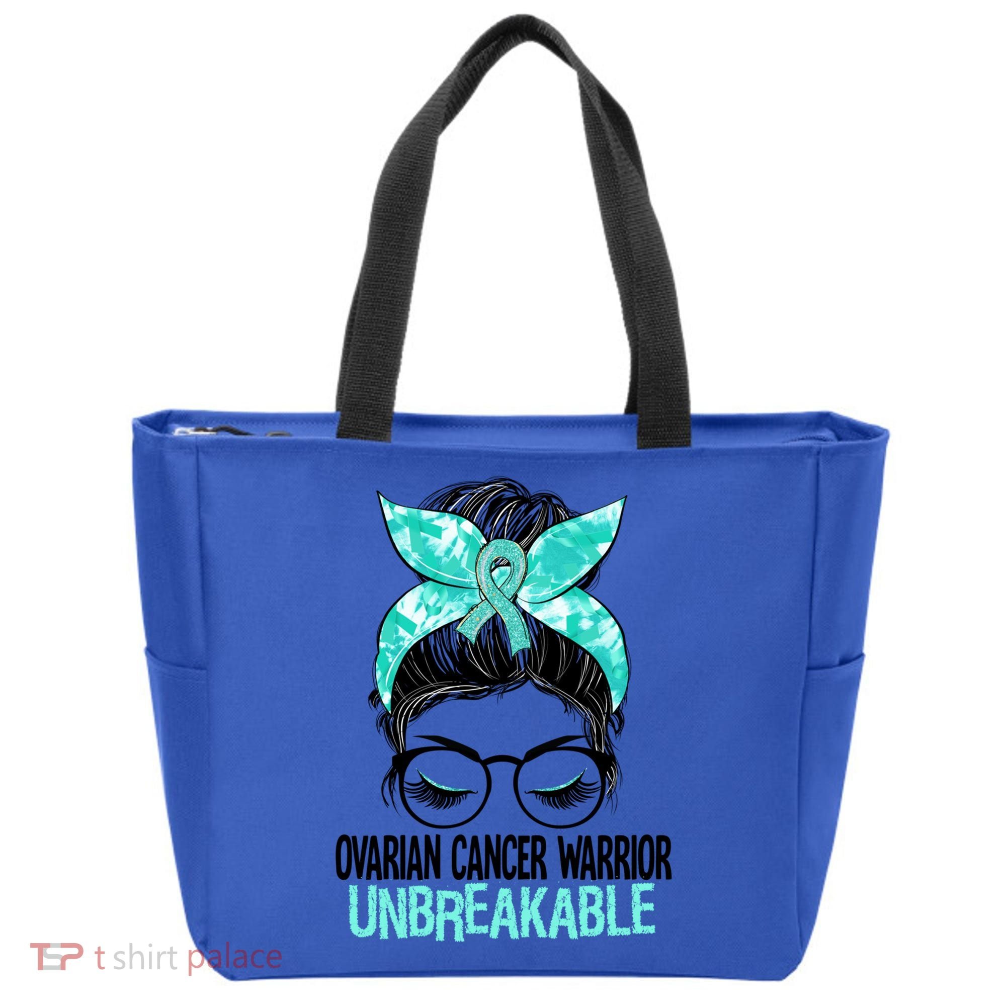 Messy Bun Teal Ribbon Ovarian Cancer Warrior Unbreakable Funny Gift Tote Bag