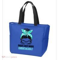 Messy Bun Teal Ribbon Ovarian Cancer Warrior Unbreakable Funny Gift Tote Bag thumb 3