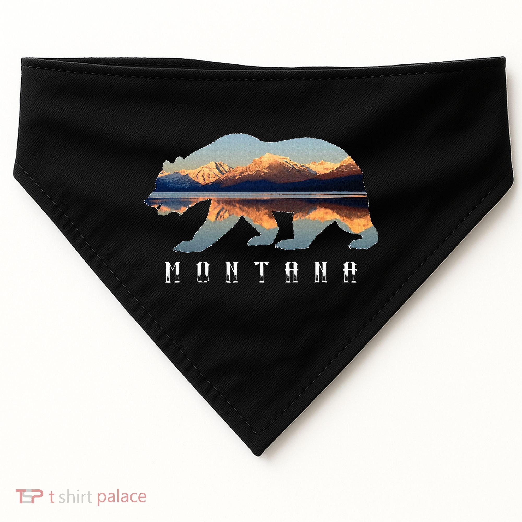 Montana Bear With Glacier National Park Lake Image Souvenir USA-Made Doggie Bandana