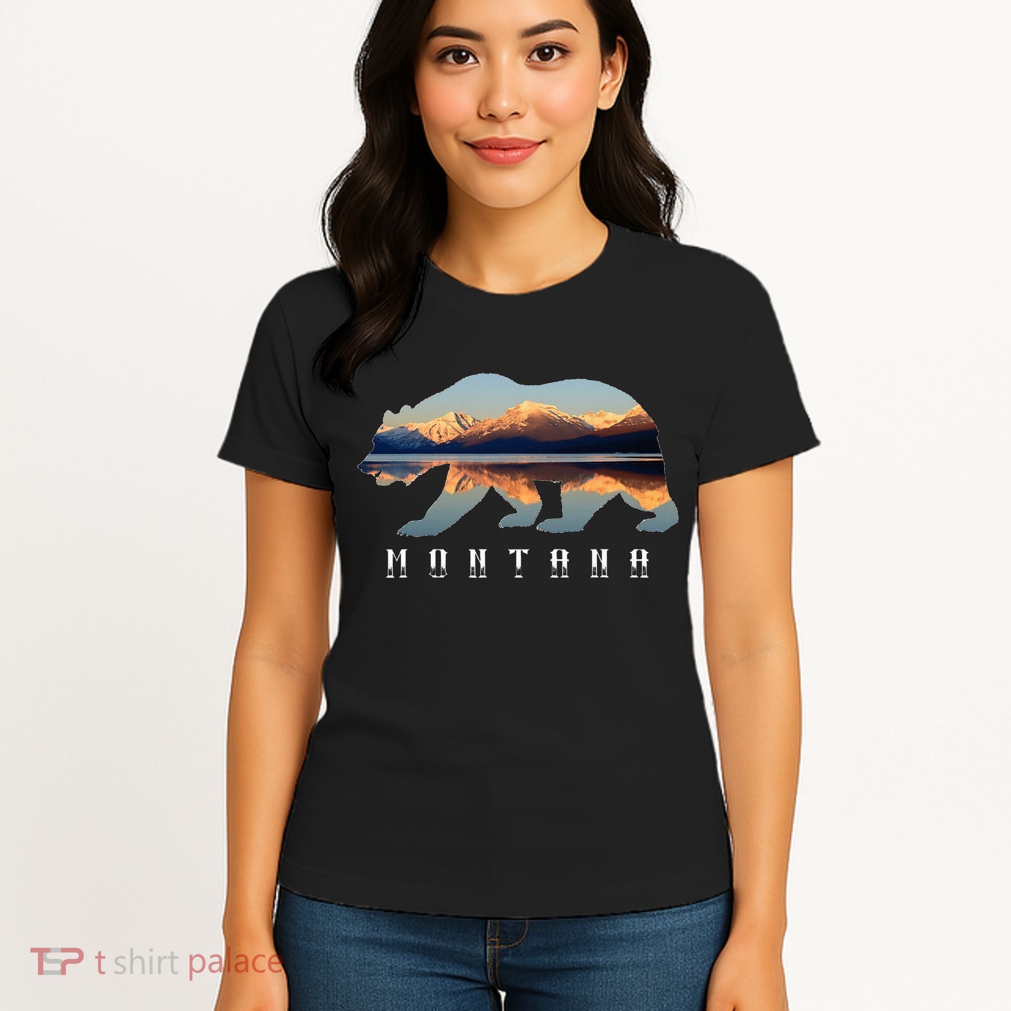 Montana Bear With Glacier National Park Lake Image Souvenir Women's T-Shirt