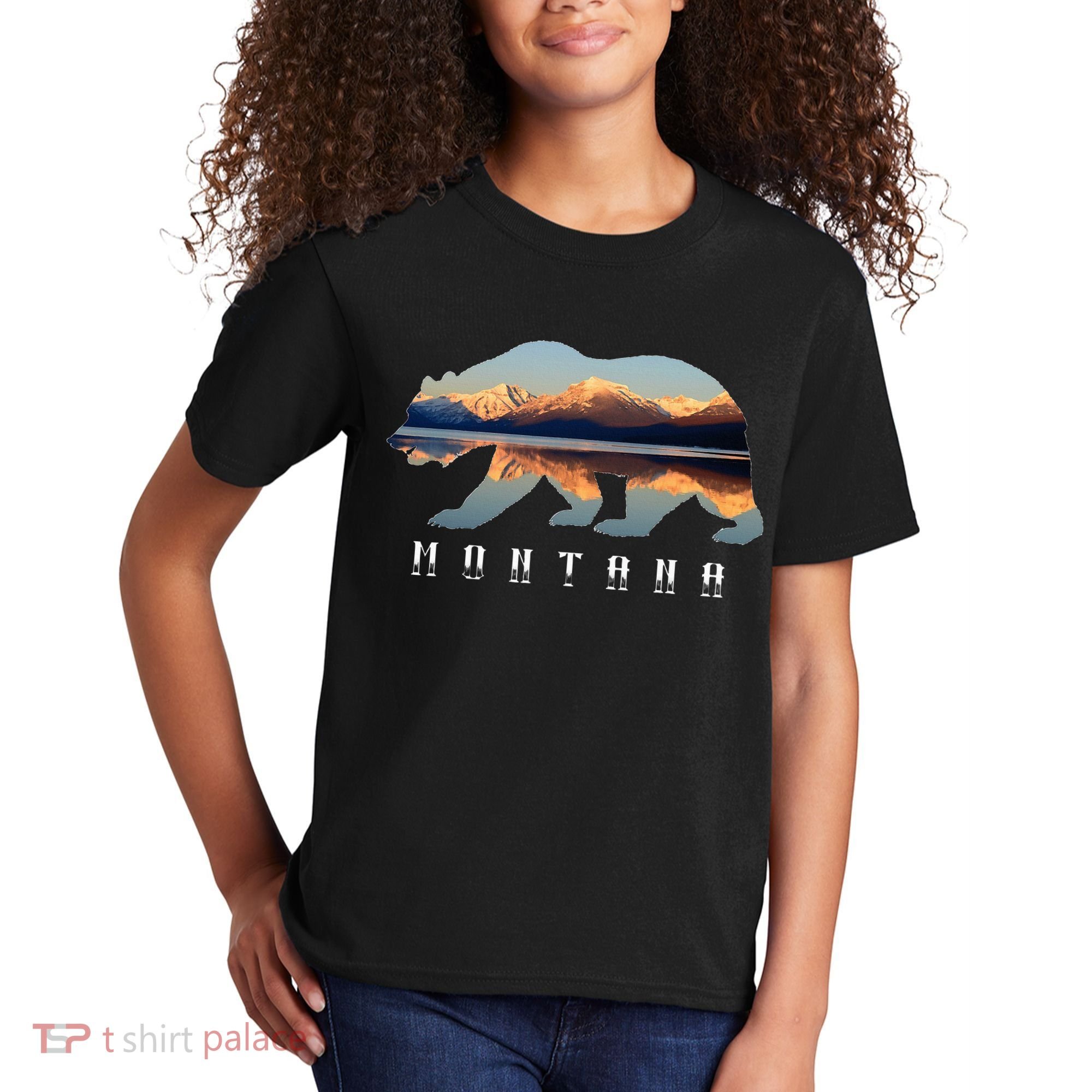 Montana Bear With Glacier National Park Lake Image Souvenir Kids T-Shirt