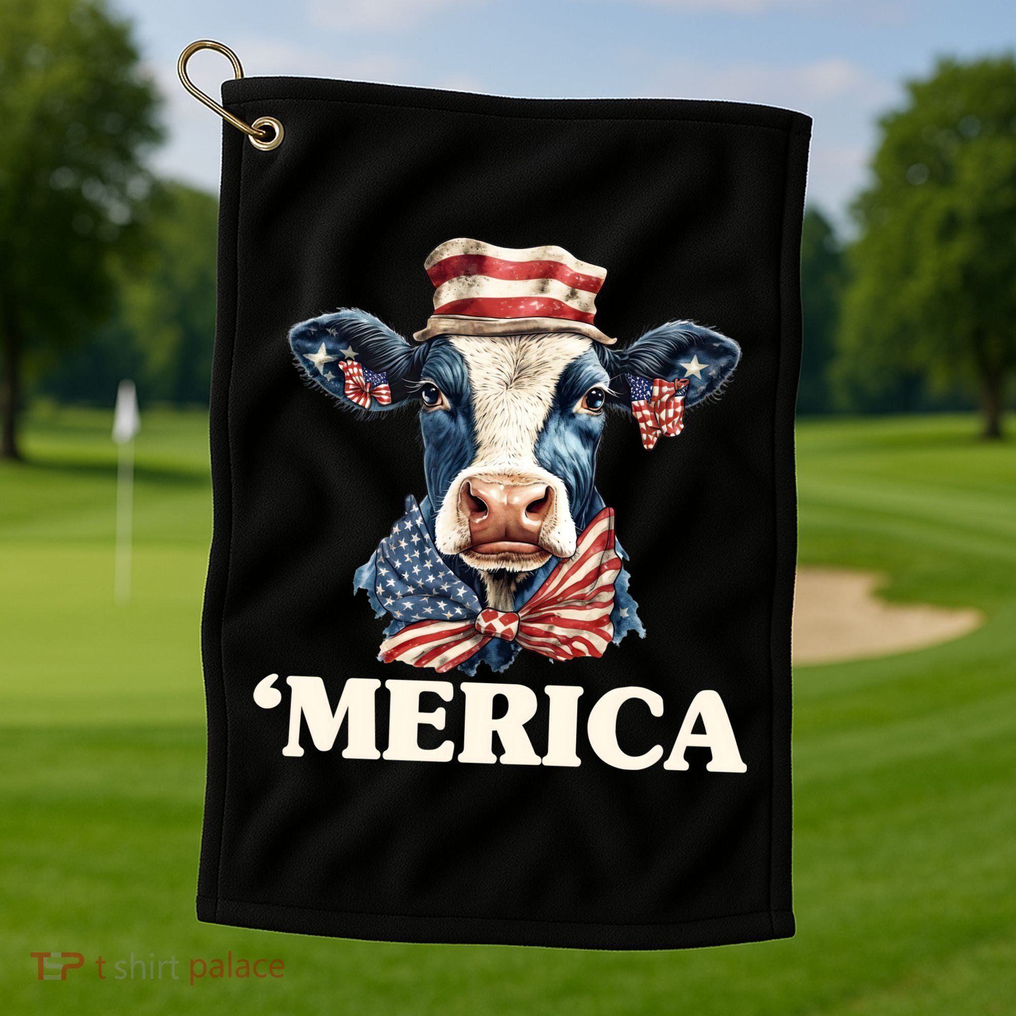 Merica Cow 4th Of July American Flag Golf Towel