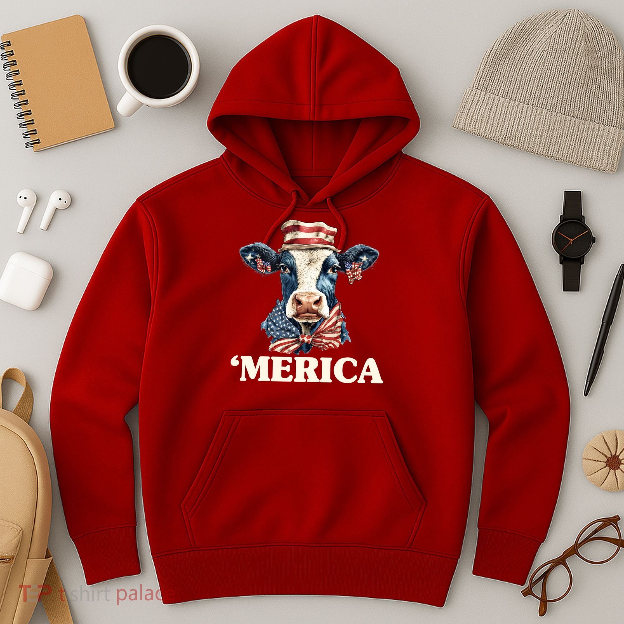 Merica Cow 4th Of July American Flag Hoodie