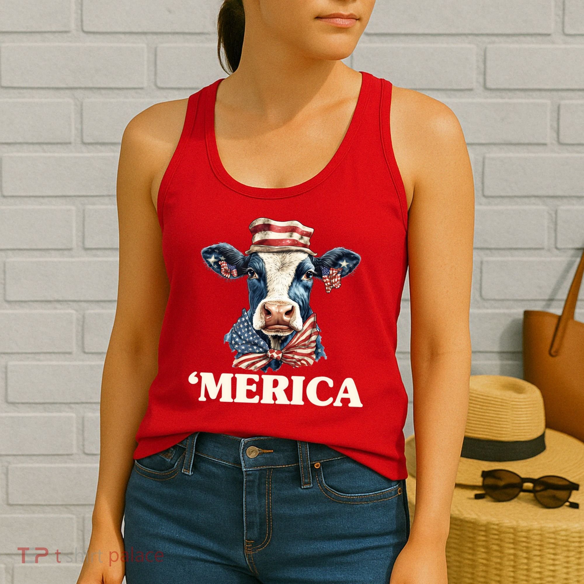Merica Cow 4th Of July American Flag Women's Tank Top