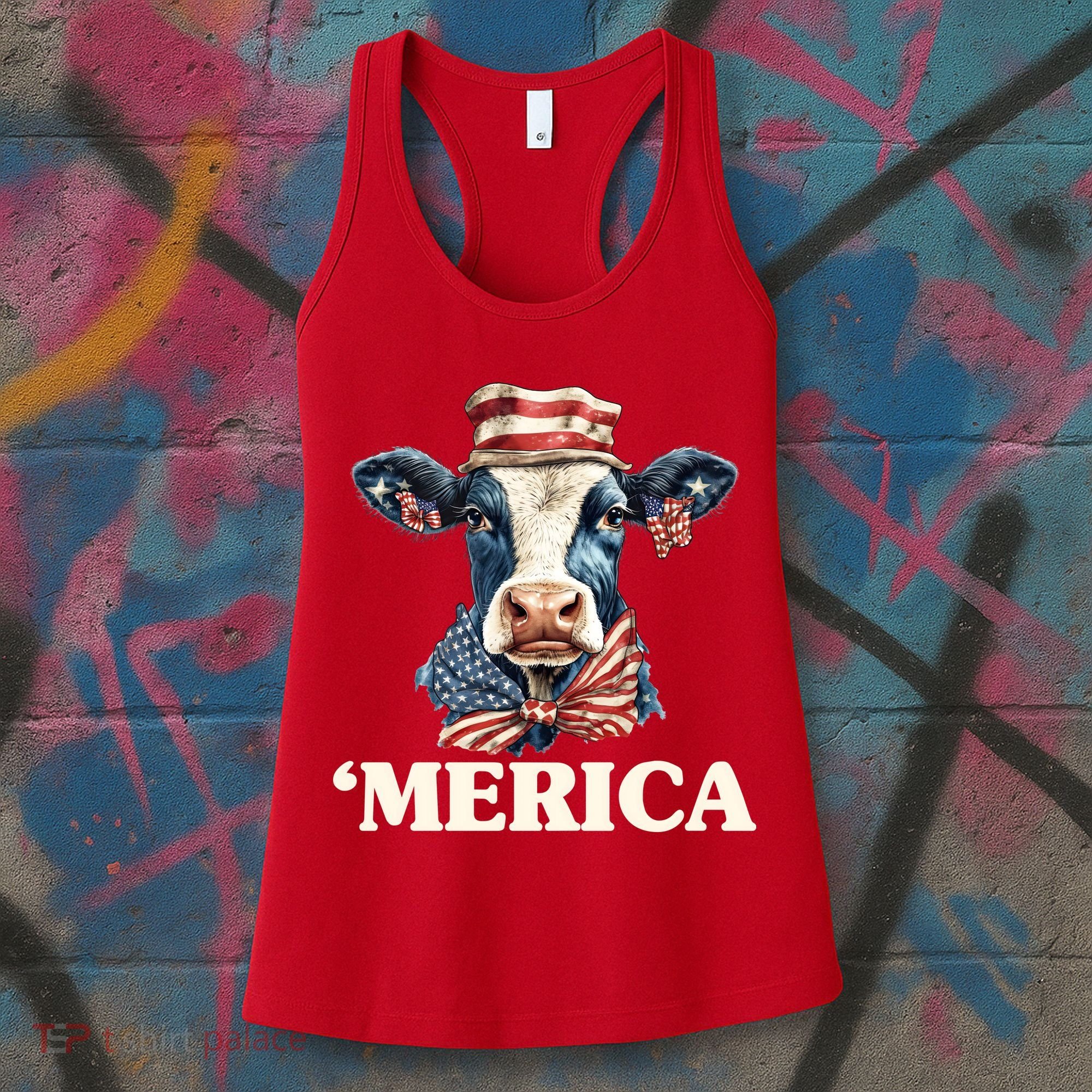 Merica Cow 4th Of July American Flag Women's Tank Top
