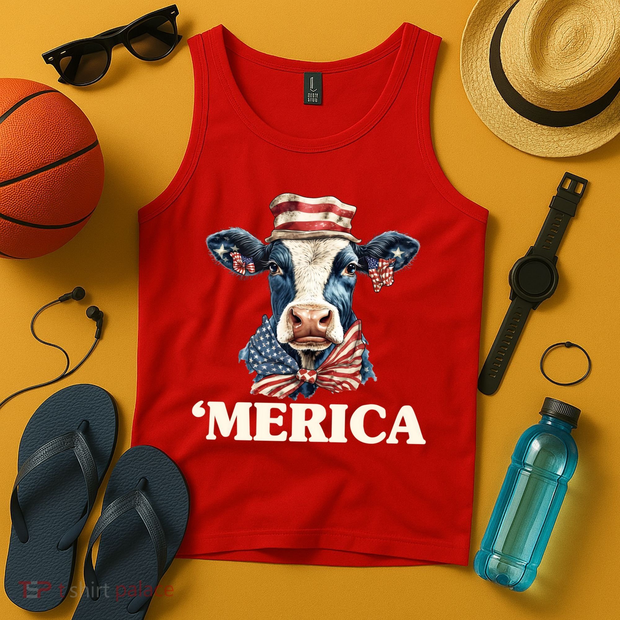 Merica Cow 4th Of July American Flag Tank Top
