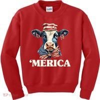Merica Cow 4th Of July American Flag Kids Sweatshirt thumb 0