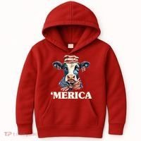 Merica Cow 4th Of July American Flag Kids Hoodie thumb 0