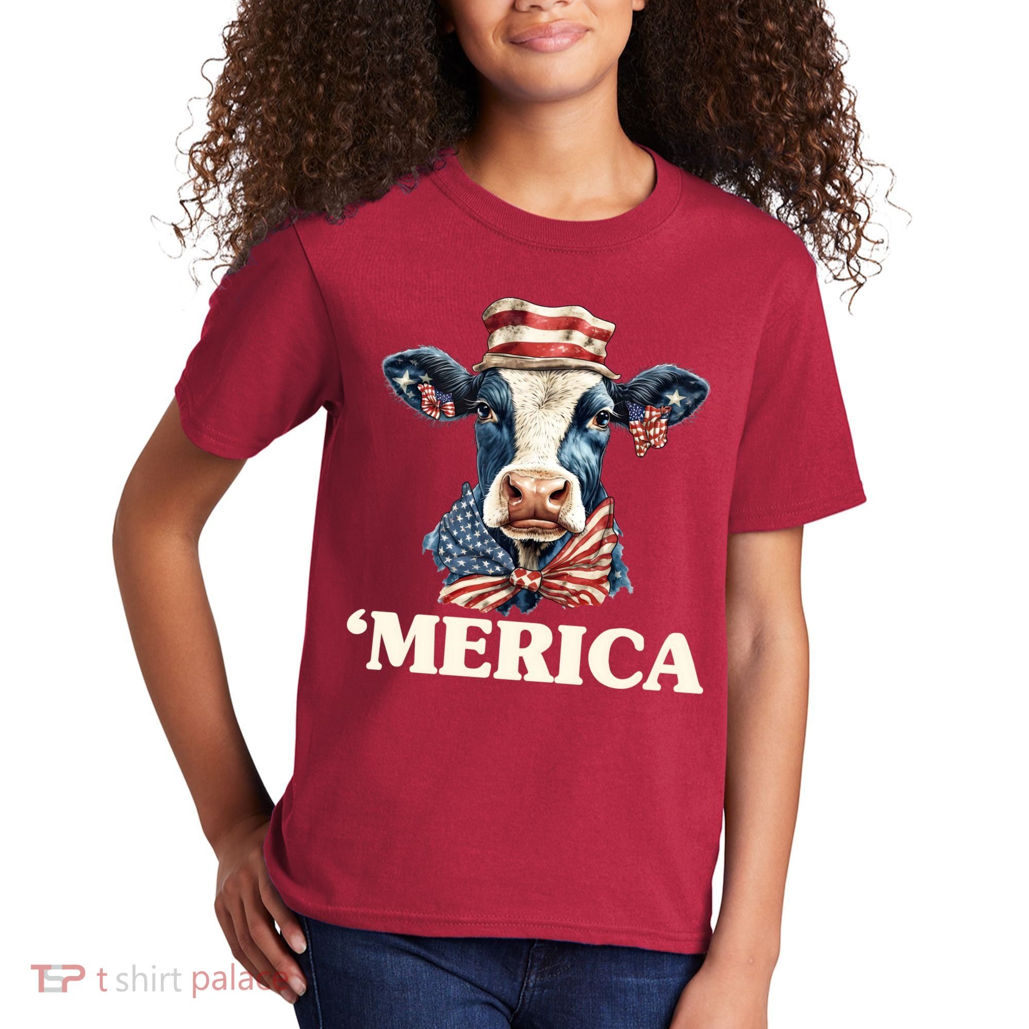 Merica Cow 4th Of July American Flag Kids T-Shirt