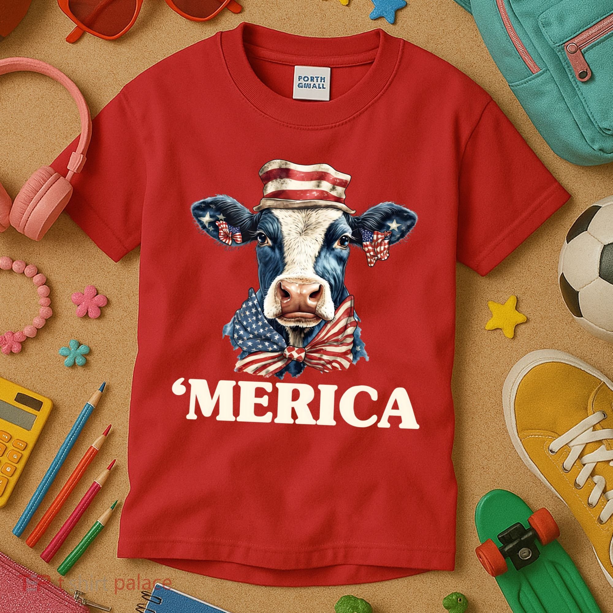 Merica Cow 4th Of July American Flag Kids T-Shirt