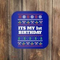 Merry Christmas And Yes Its My 1st Birthday Ugly Sweater Funny Gift Coaster thumb 0
