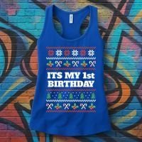 Merry Christmas And Yes Its My 1st Birthday Ugly Sweater Funny Gift Women's Tank Top thumb 3