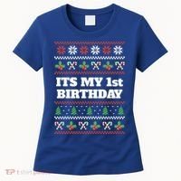 Merry Christmas And Yes Its My 1st Birthday Ugly Sweater Funny Gift Women's T-Shirt thumb 0