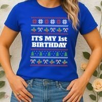 Merry Christmas And Yes Its My 1st Birthday Ugly Sweater Funny Gift Women's T-Shirt thumb 2