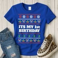 Merry Christmas And Yes Its My 1st Birthday Ugly Sweater Funny Gift Women's T-Shirt thumb 3