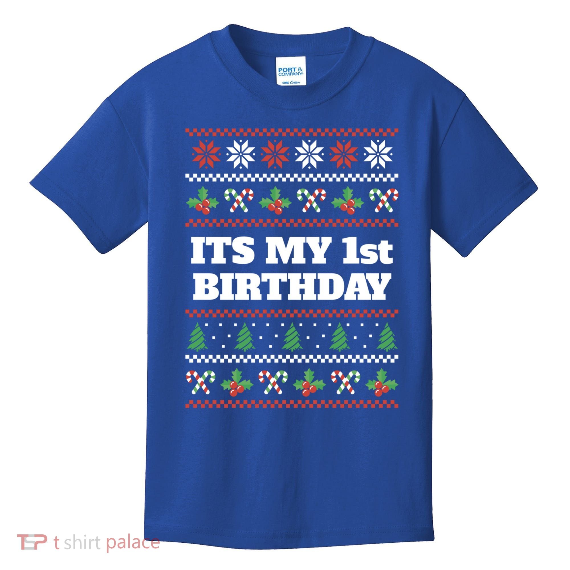 Merry Christmas And Yes Its My 1st Birthday Ugly Sweater Funny Gift Kids T-Shirt