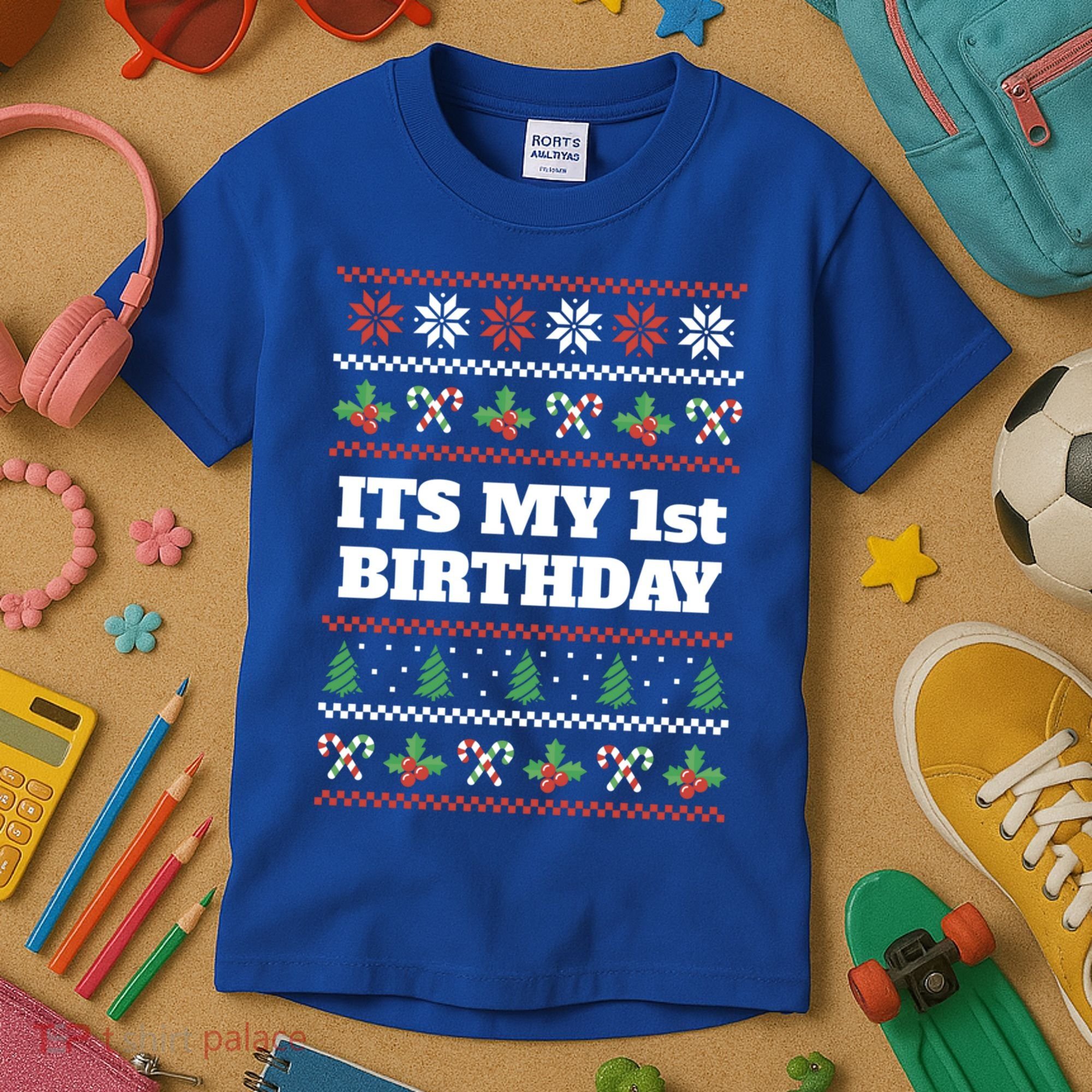 Merry Christmas And Yes Its My 1st Birthday Ugly Sweater Funny Gift Kids T-Shirt