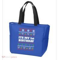 Merry Christmas And Yes Its My 1st Birthday Ugly Sweater Funny Gift Tote Bag thumb 3