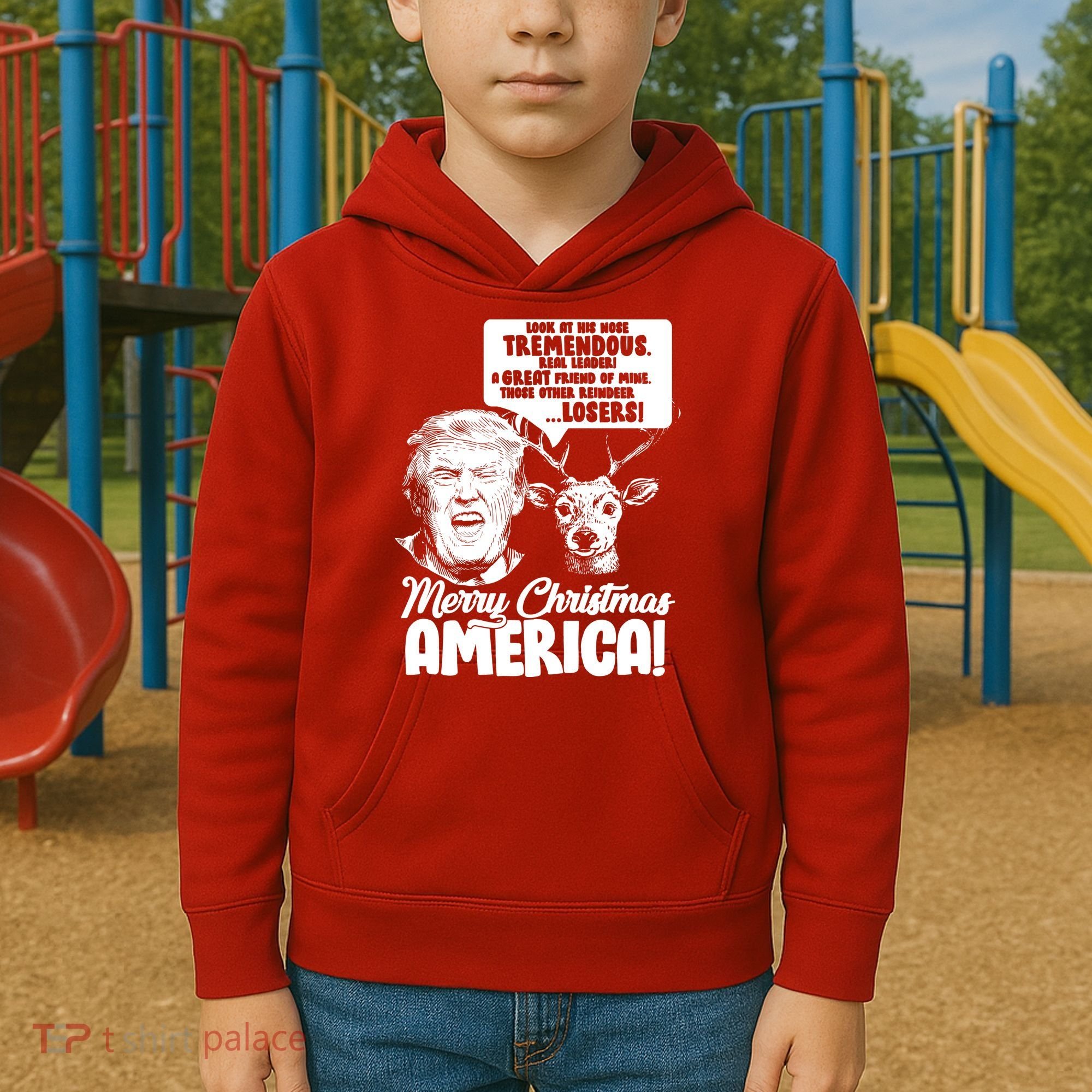 Merry Christmas America Trump Reindeer Kids Hoodie