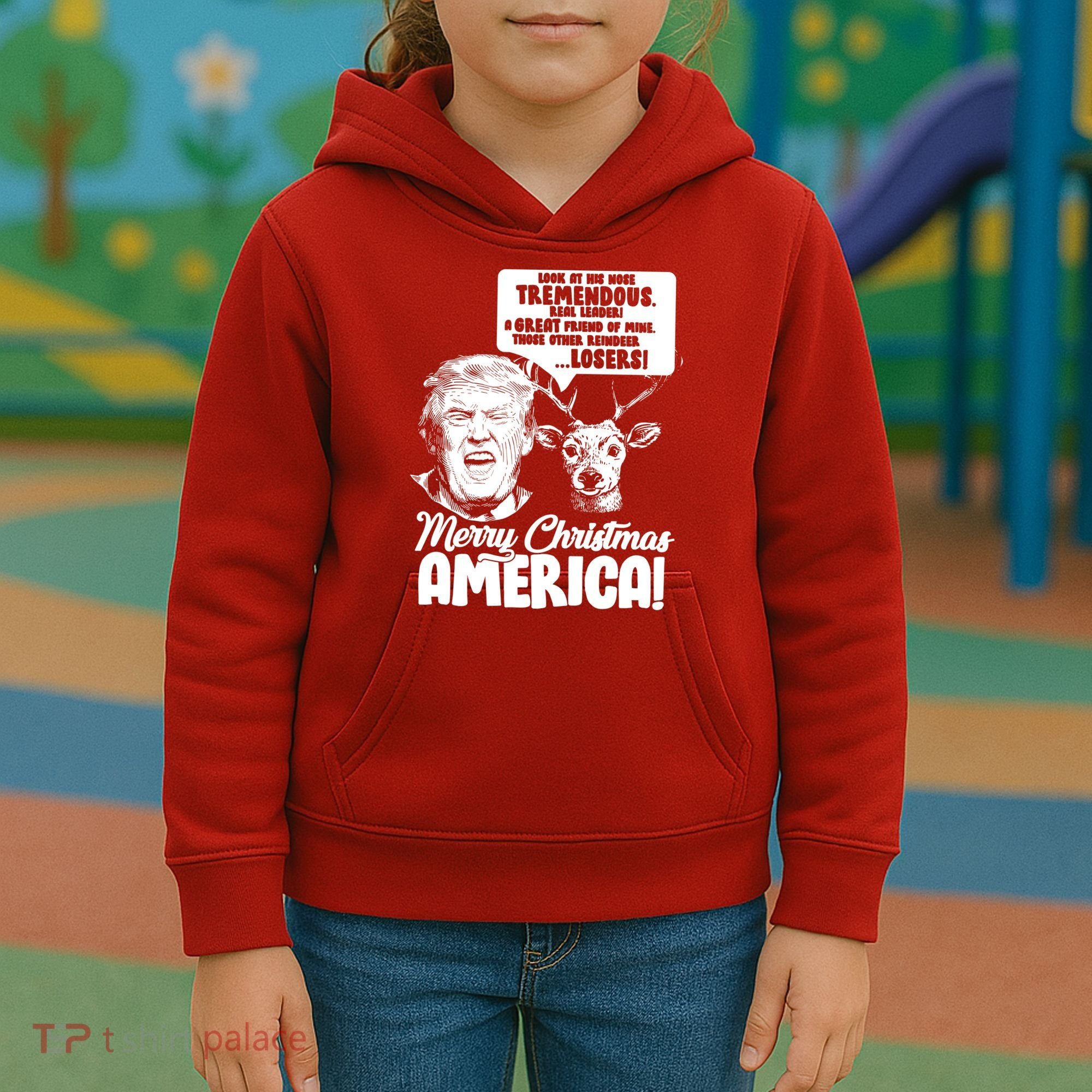 Merry Christmas America Trump Reindeer Kids Hoodie