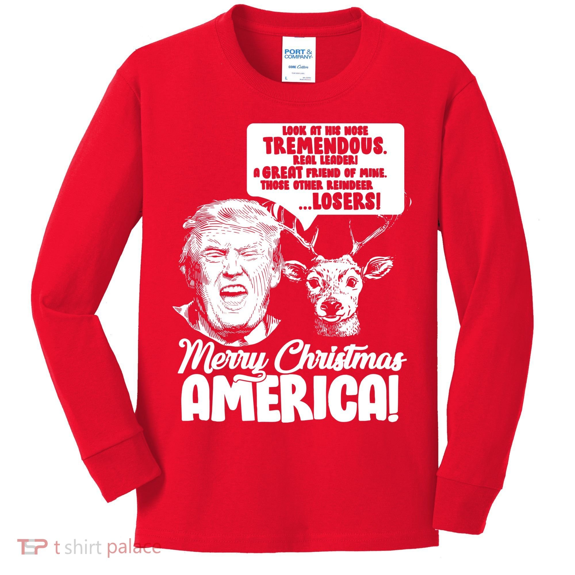 Merry Christmas America Trump Reindeer Kids Long Sleeve Shirt