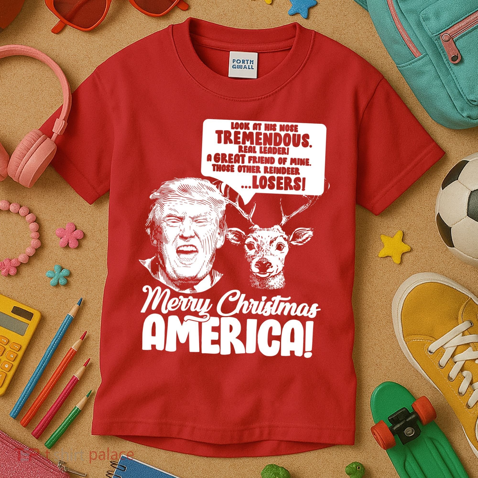 Merry Christmas America Trump Reindeer Kids T-Shirt