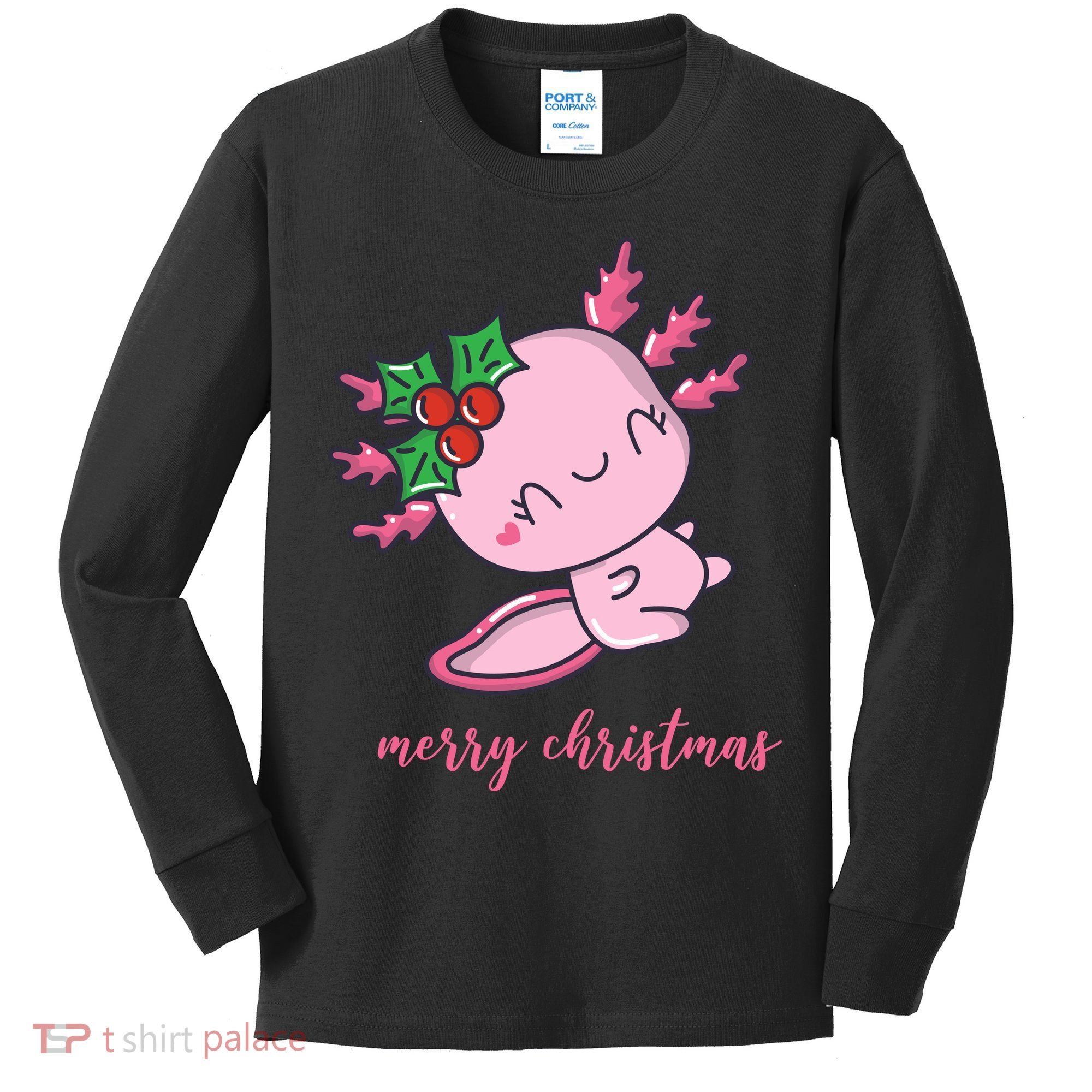 Merry Christmas Axolotl Cute Holiday Kids Long Sleeve Shirt