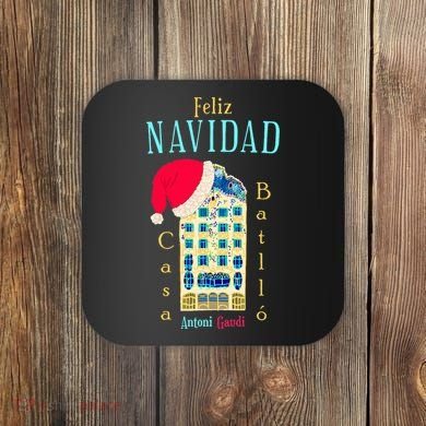 Merry Christmas Antoni Gaudi Drawing Barcelona Spain Coaster