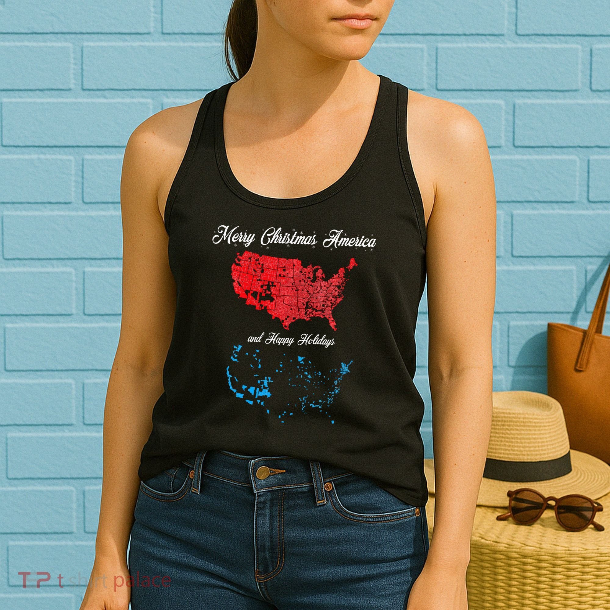 Merry Christmas America Funny 2024 Election Map Holiday Women's Tank Top
