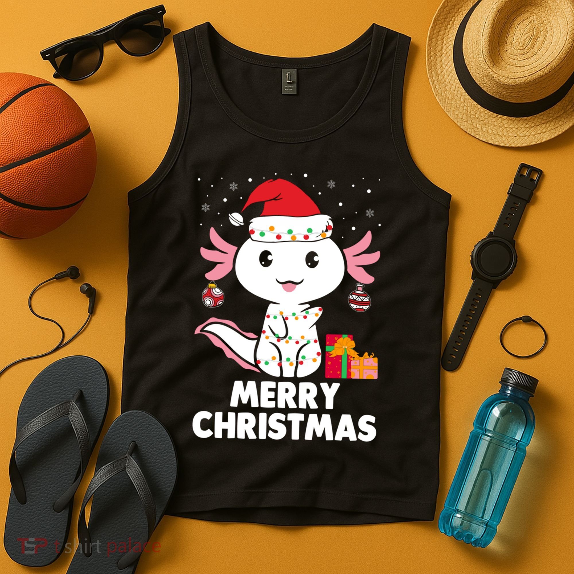Merry Christmas Axolotl Santa Hat Christmas Salamander Fish Tank Top