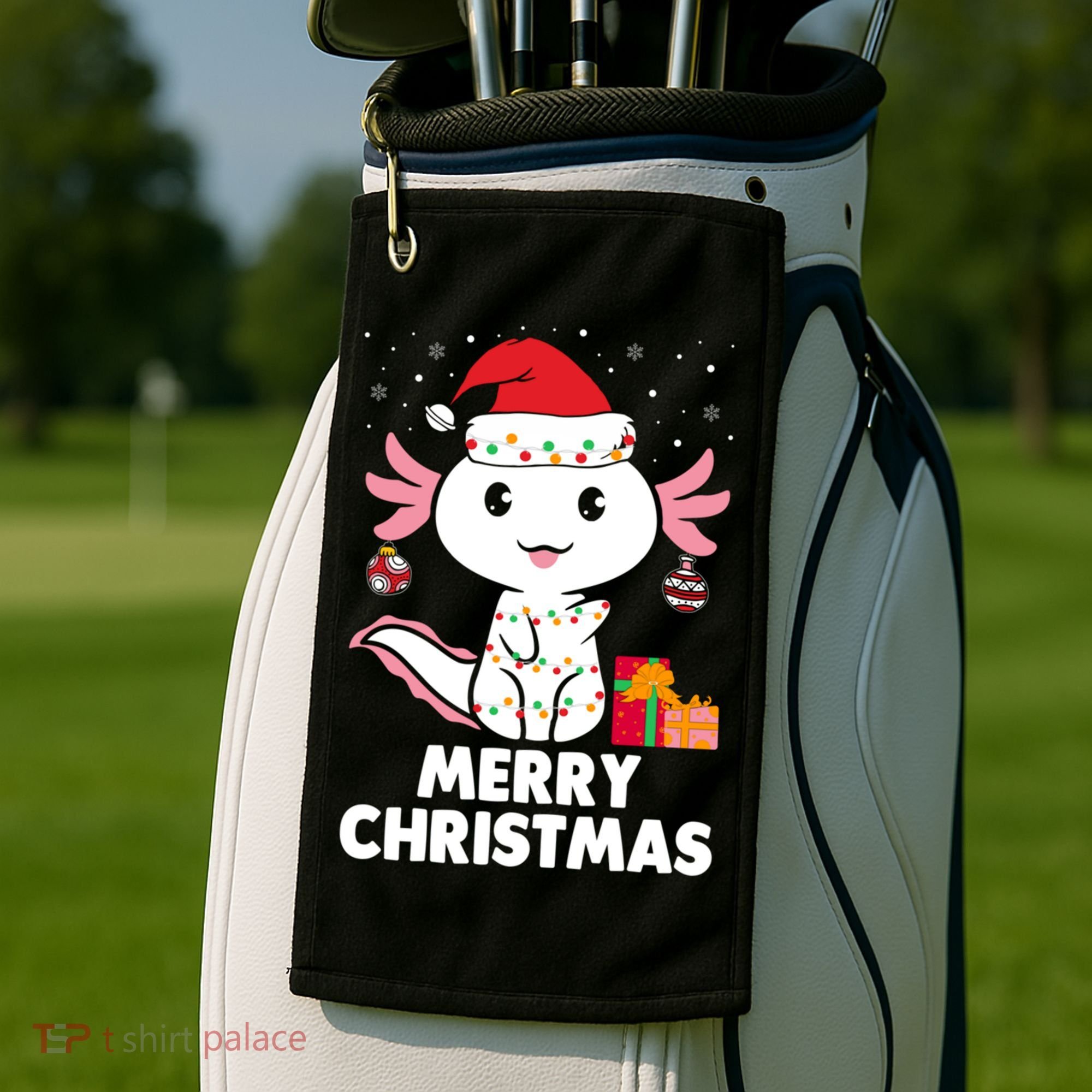 Merry Christmas Axolotl Santa Hat Christmas Salamander Fish Golf Towel
