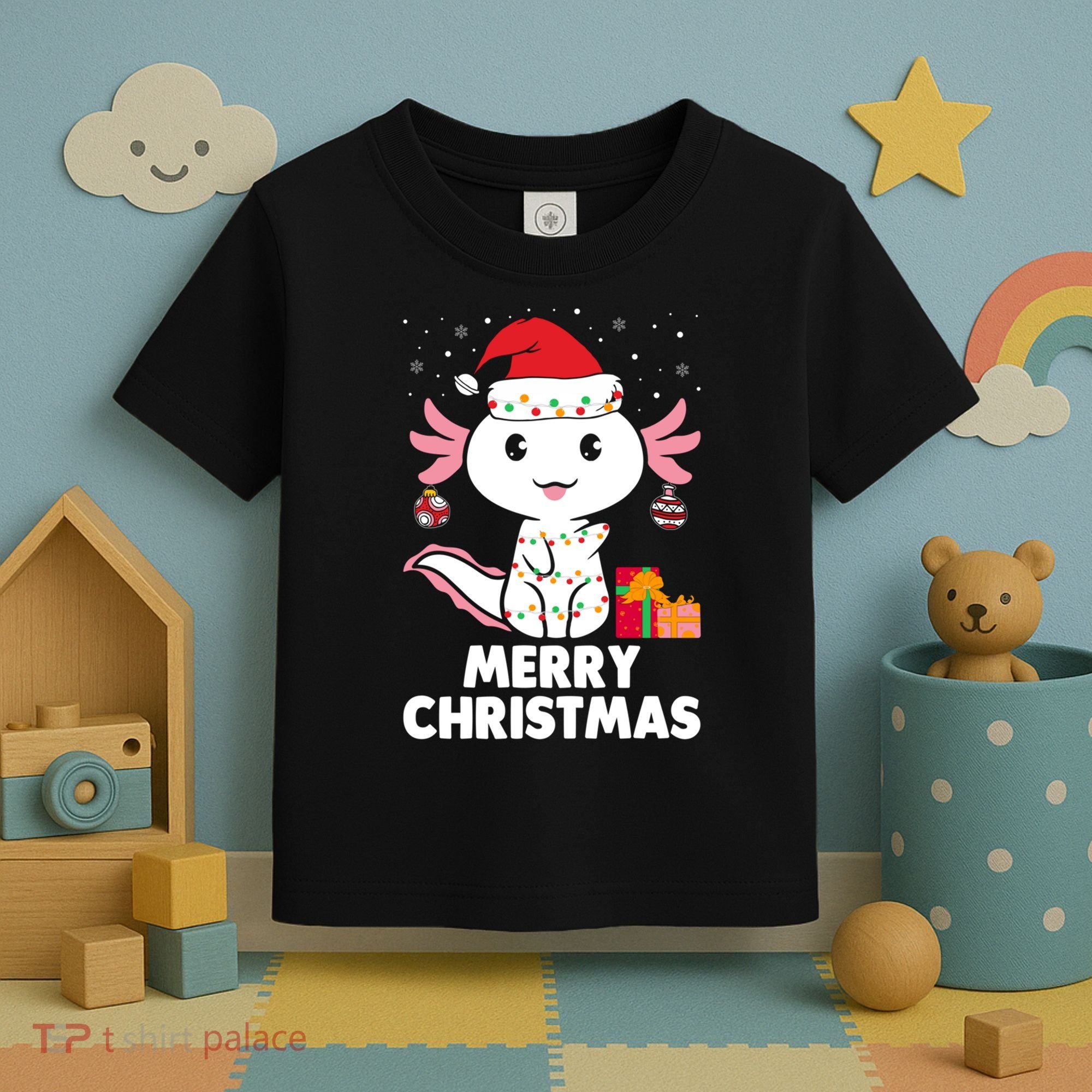 Merry Christmas Axolotl Santa Hat Christmas Salamander Fish Toddler T-Shirt
