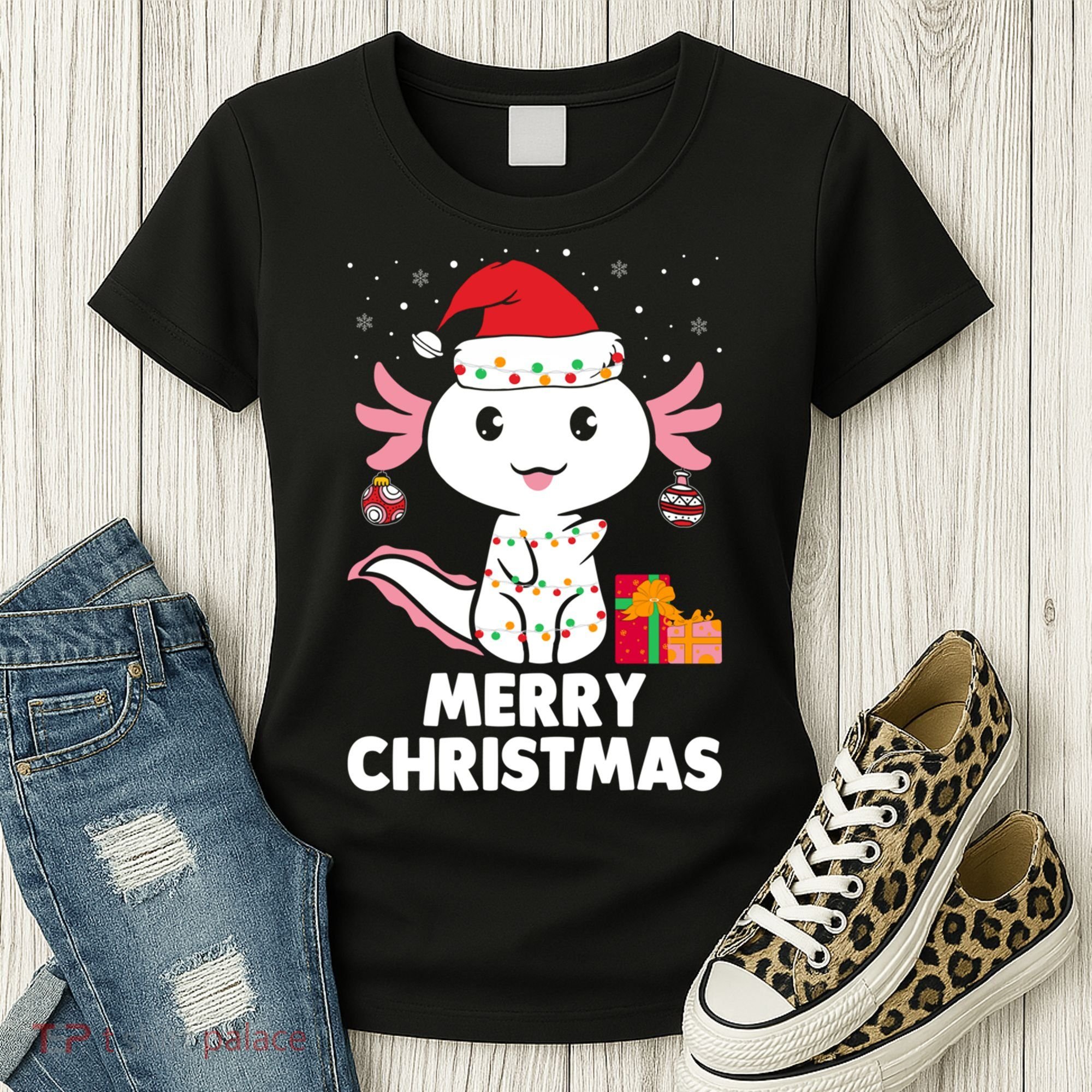 Merry Christmas Axolotl Santa Hat Christmas Salamander Fish Women's T-Shirt