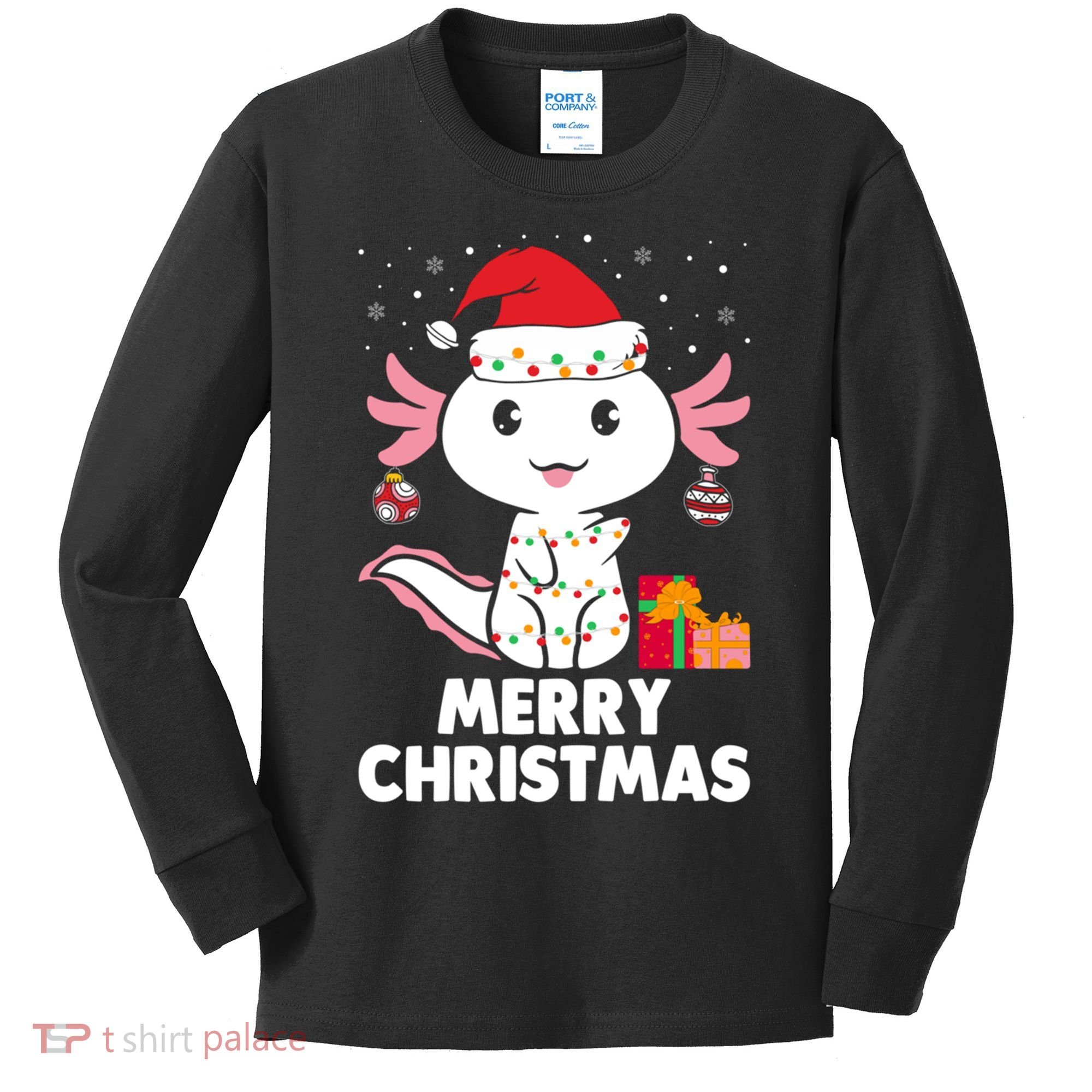 Merry Christmas Axolotl Santa Hat Christmas Salamander Fish Kids Long Sleeve Shirt
