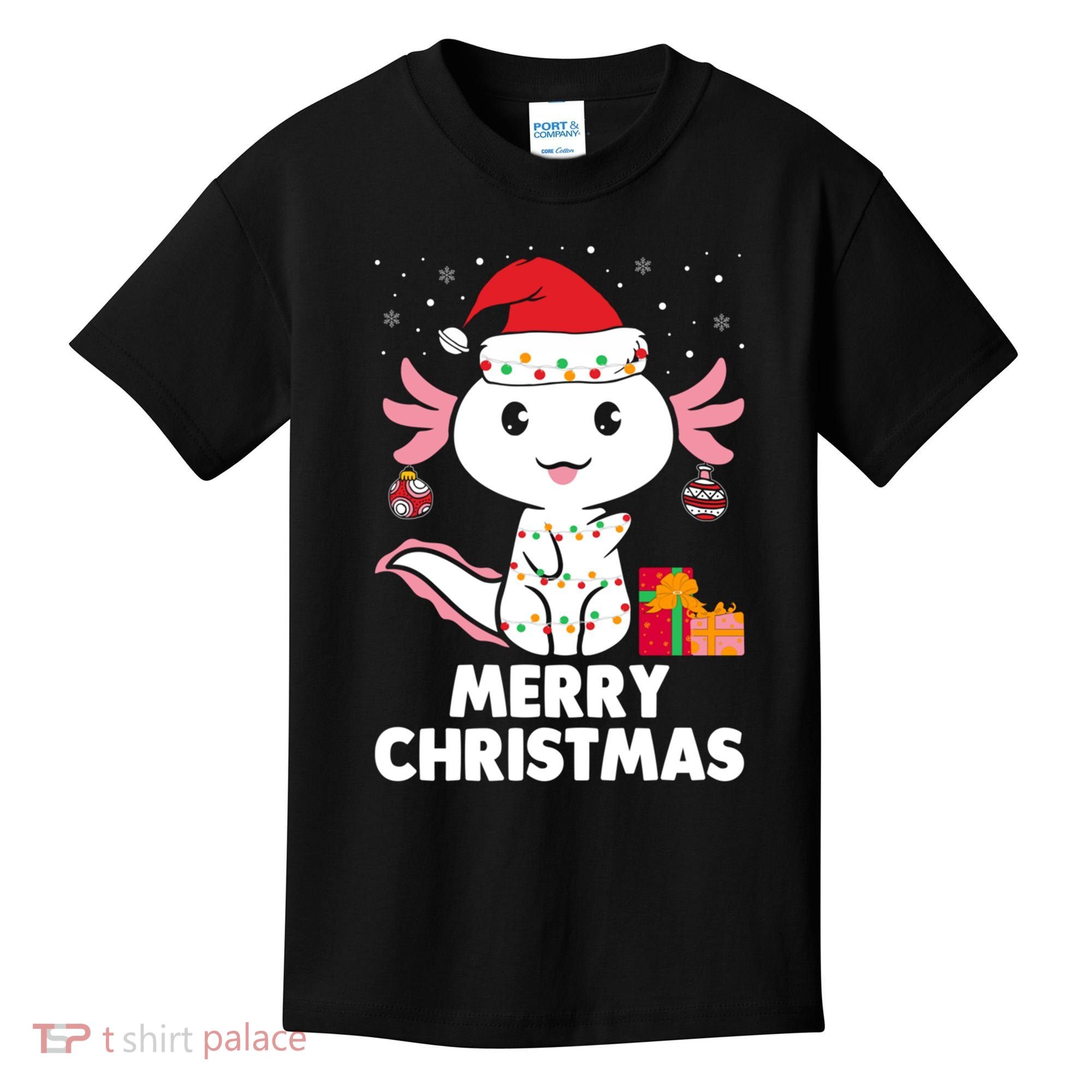 Merry Christmas Axolotl Santa Hat Christmas Salamander Fish Kids T-Shirt