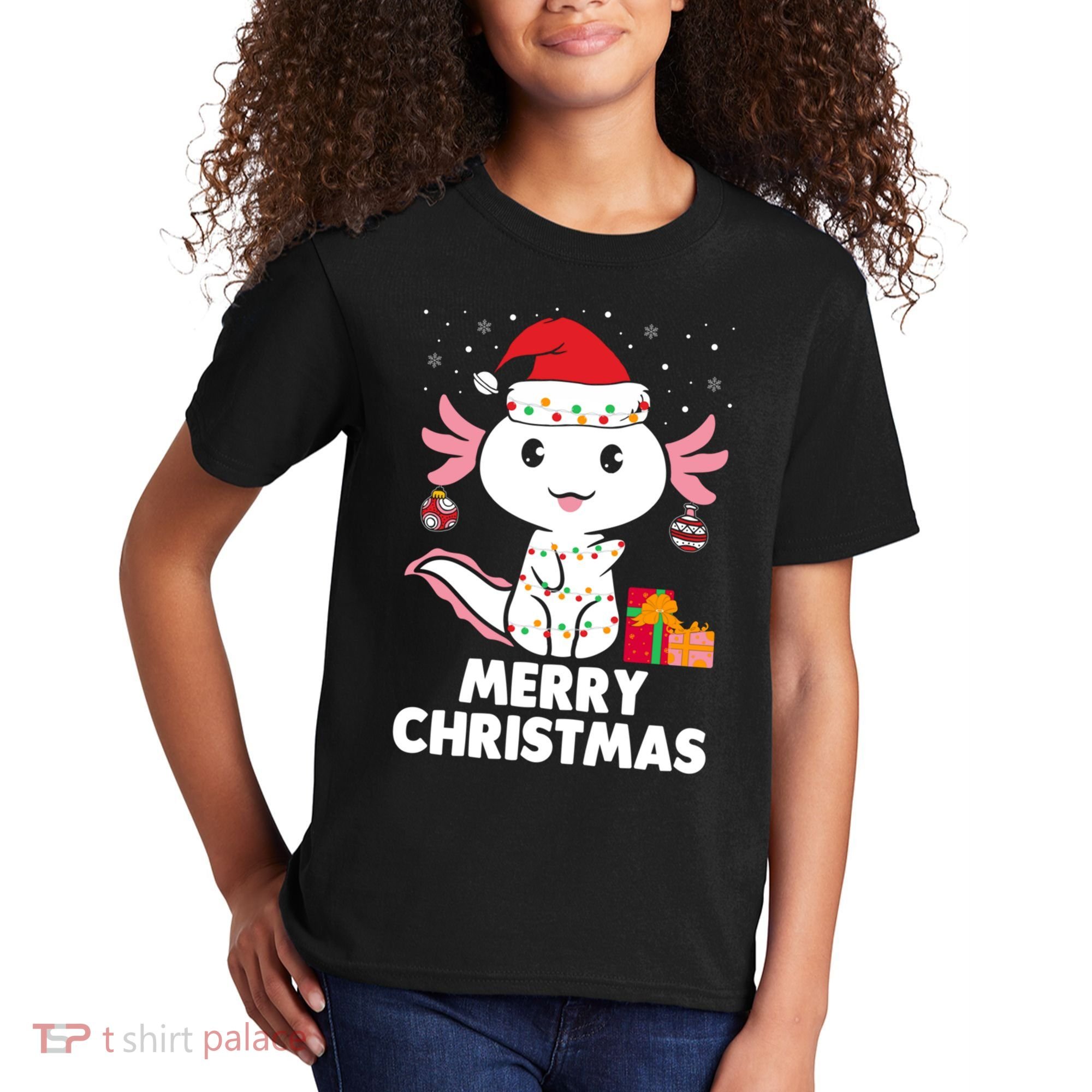 Merry Christmas Axolotl Santa Hat Christmas Salamander Fish Kids T-Shirt