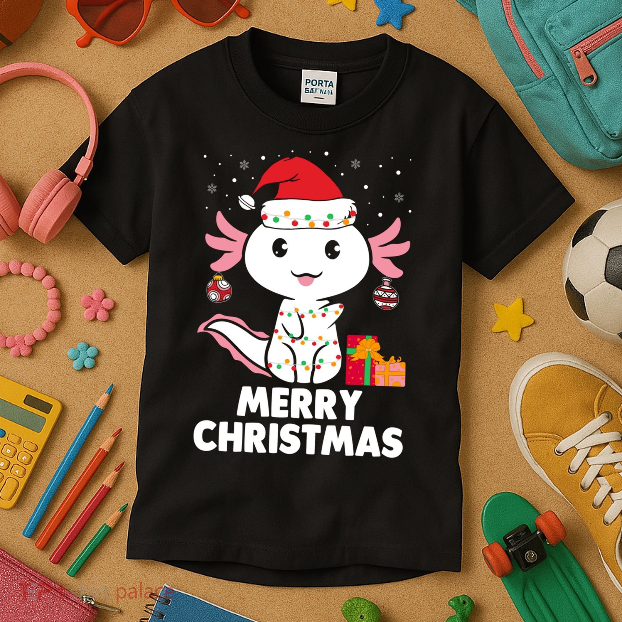 Merry Christmas Axolotl Santa Hat Christmas Salamander Fish Kids T-Shirt